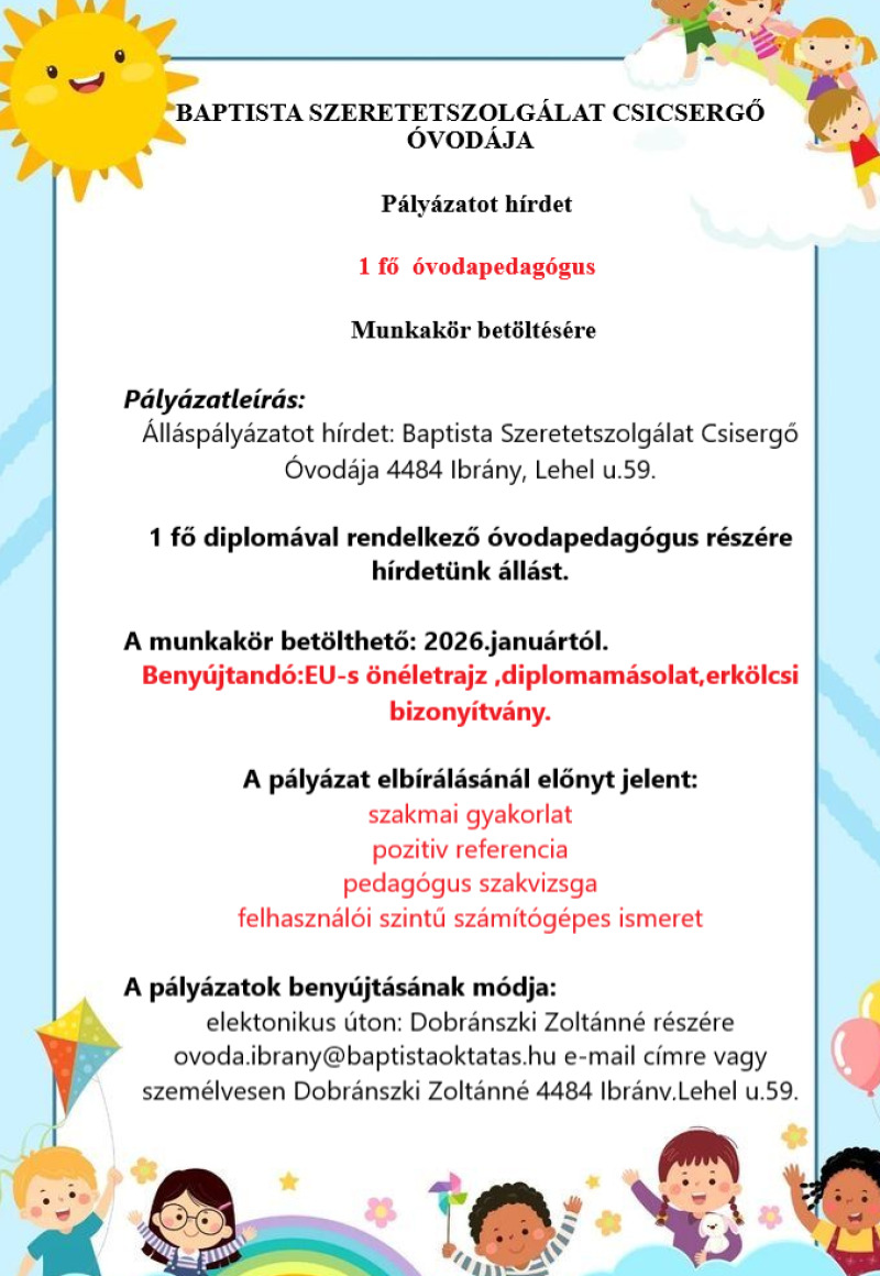 Állás lehetőség a Csicsergő Óvodában