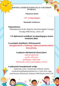 Állás lehetőség a Csicsergő Óvodában